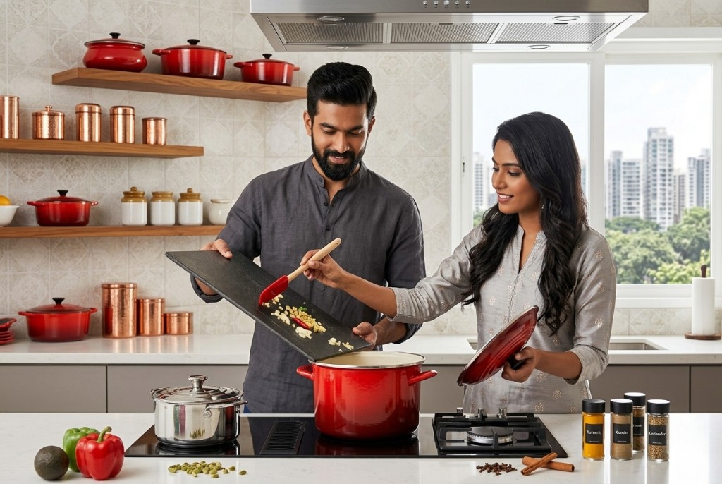 A home chef couple cooking together in a warm Indian kitchen